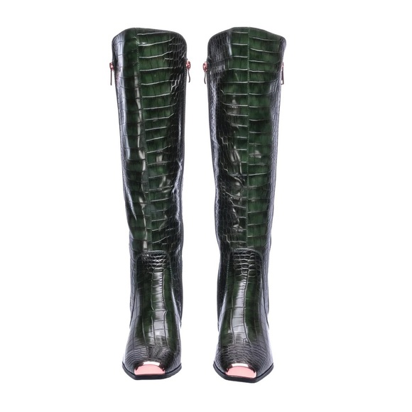 Green Tall Crocodile High Heel Boots - Picture 2 of 5